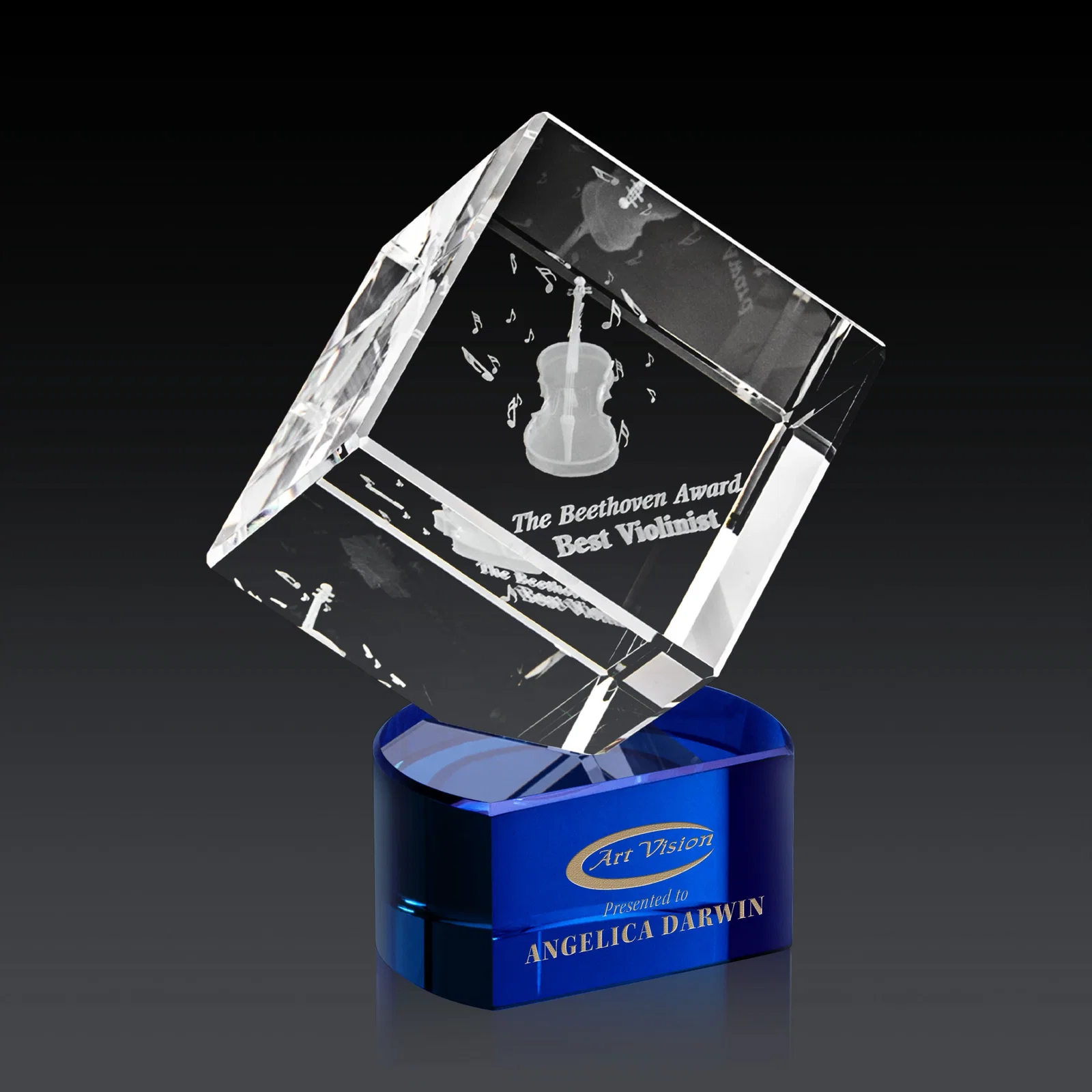 Branded Optical Crystal Cube Award with Ebony, Emerald or Sapphire Base, awards for donor appreciation
