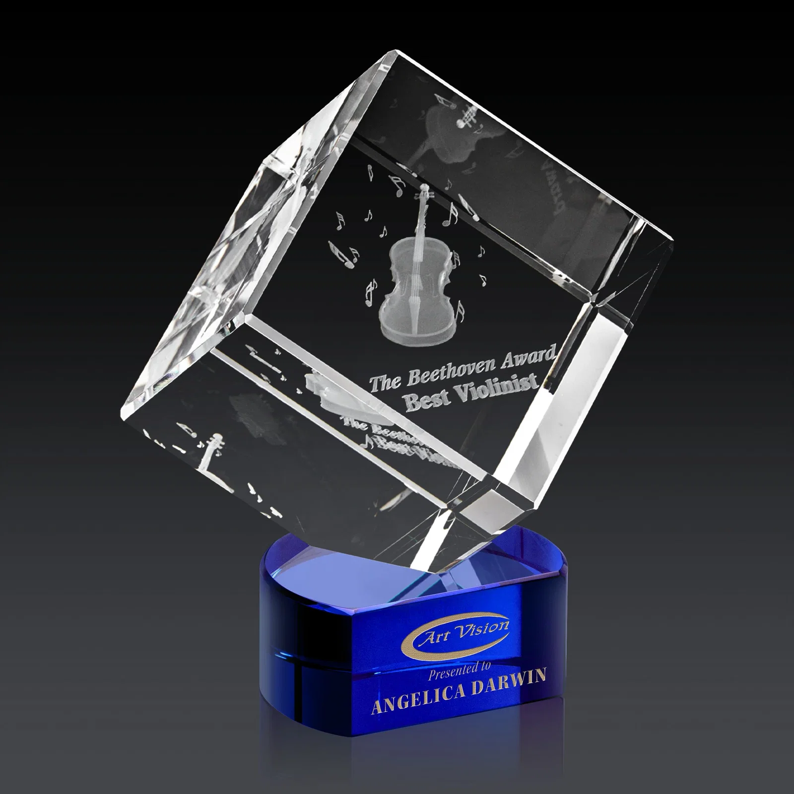 Branded Optical Crystal Cube Award with Ebony, Emerald or Sapphire Base, awards for graduation ceremonies