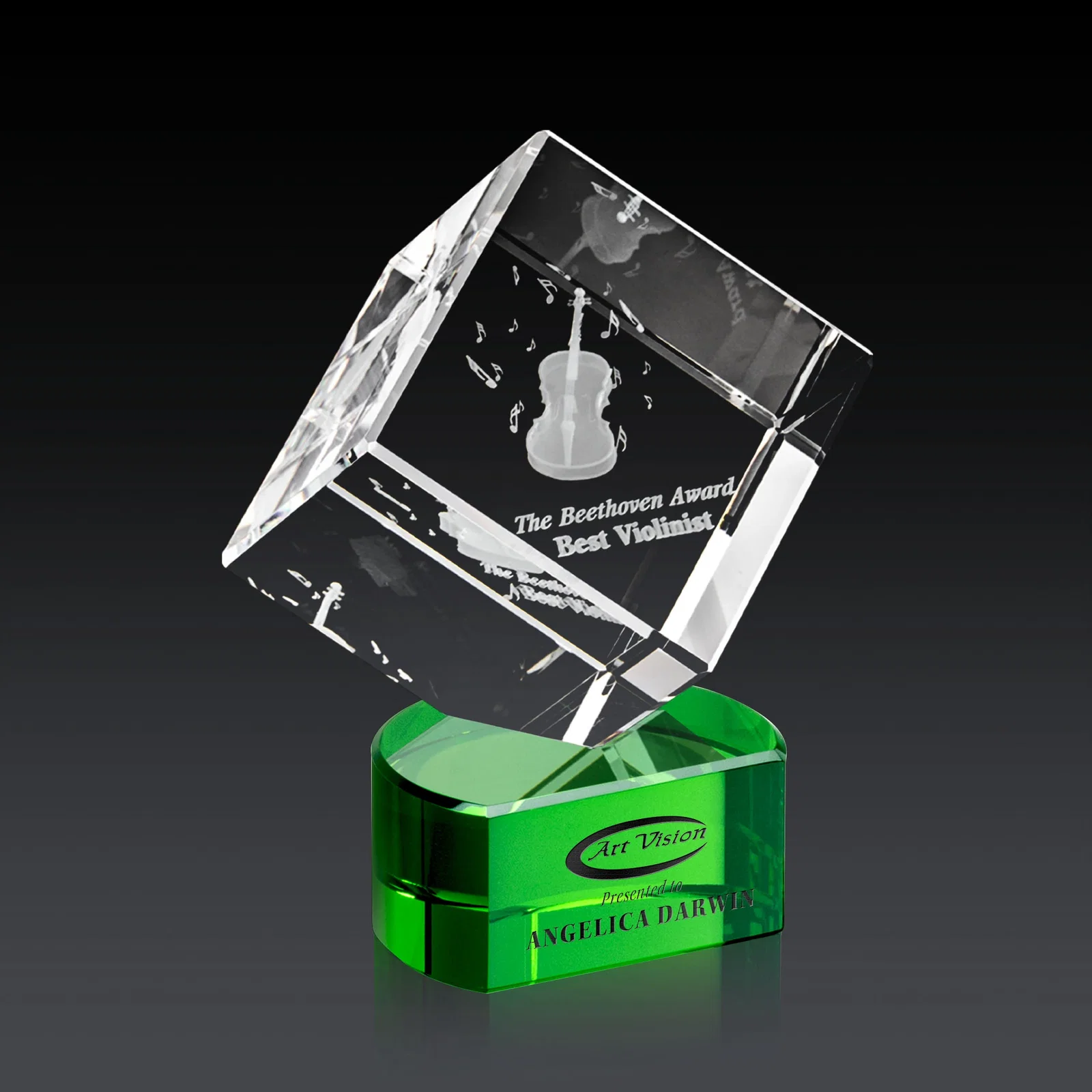 Branded Optical Crystal Cube Award with Ebony, Emerald or Sapphire Base, awards for volunteer appreciation
