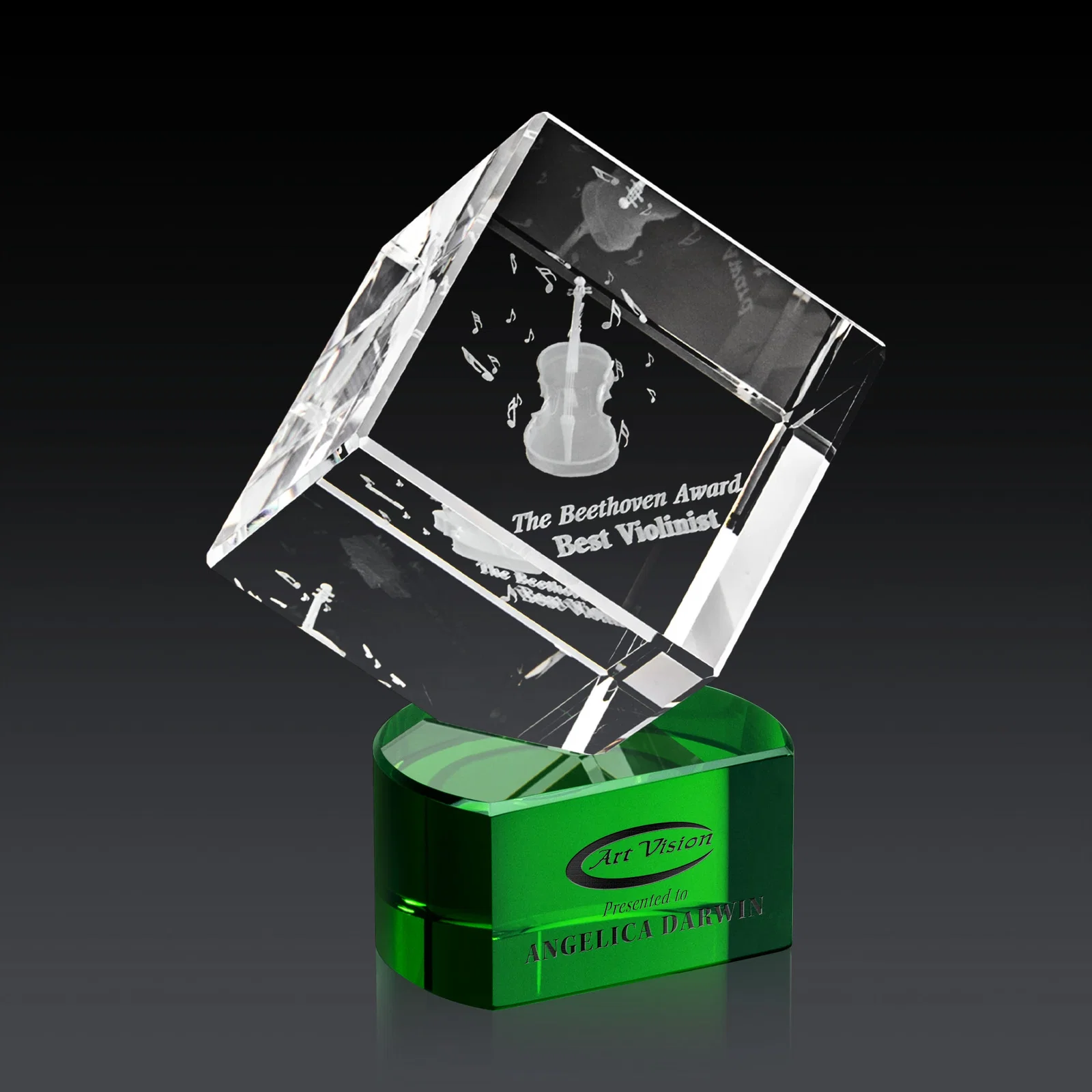 Branded Optical Crystal Cube Award with Ebony, Emerald or Sapphire Base, awards for dealer and partner awards
