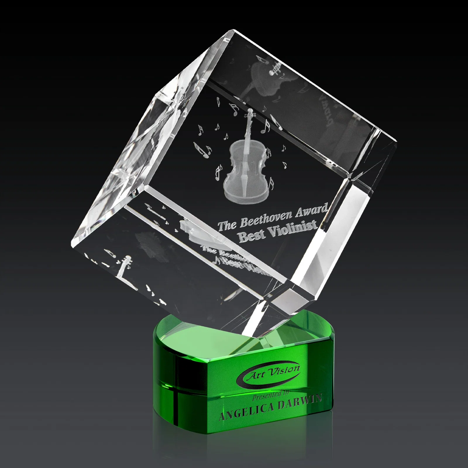 Branded Optical Crystal Cube Award with Ebony, Emerald or Sapphire Base, awards for company anniversary events