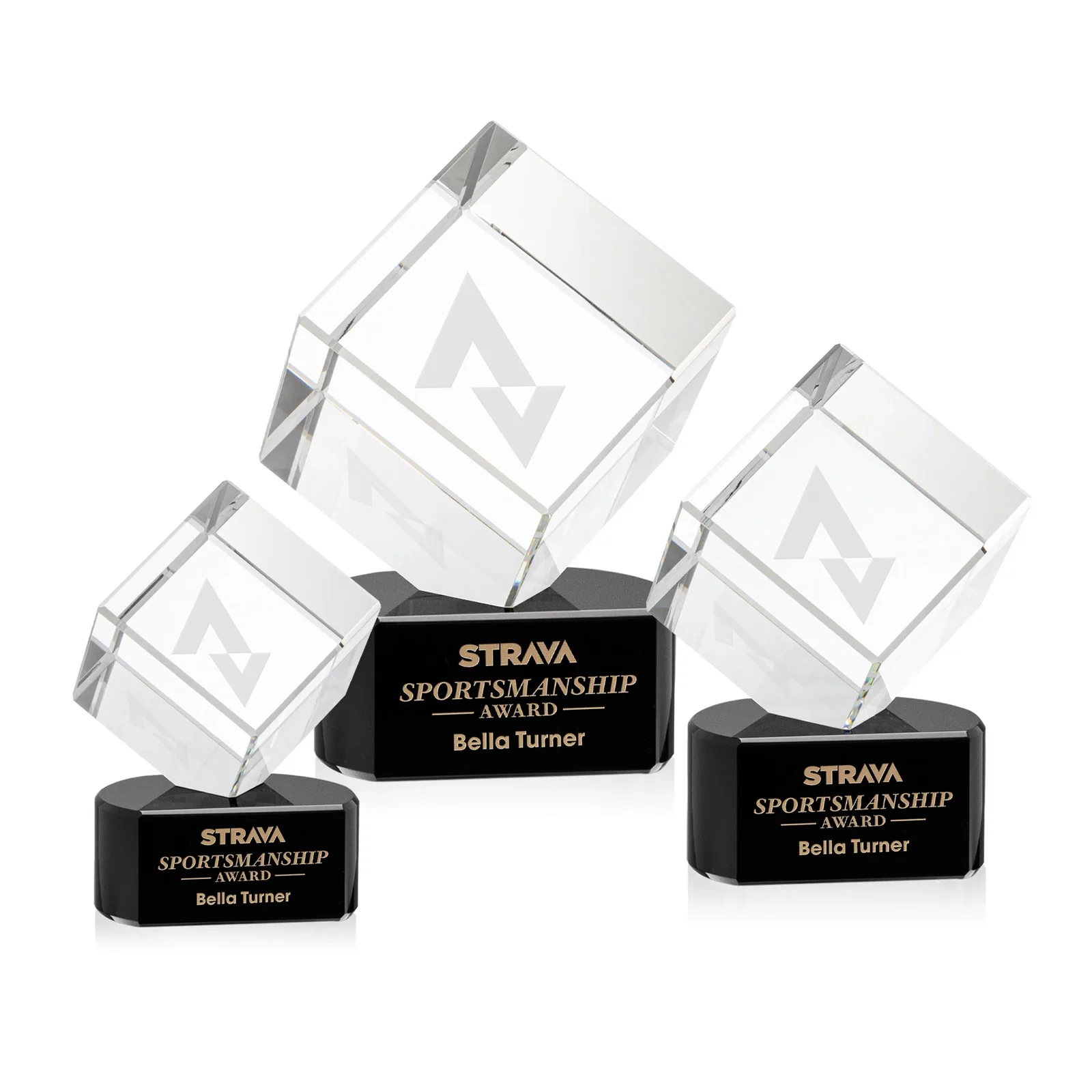 Custom Optical Crystal Cube Award with Ebony, Emerald or Sapphire Base, awards for retirement presentations