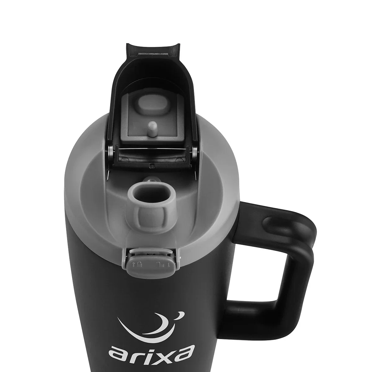 Close-up of the Burton mug's flip lid open, showing the straw opening and handle