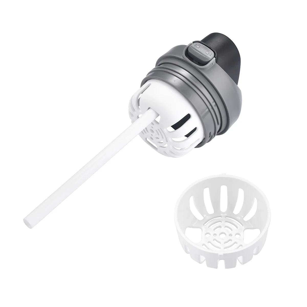 Exploded view of the Burton mug's straw and strainer basket components