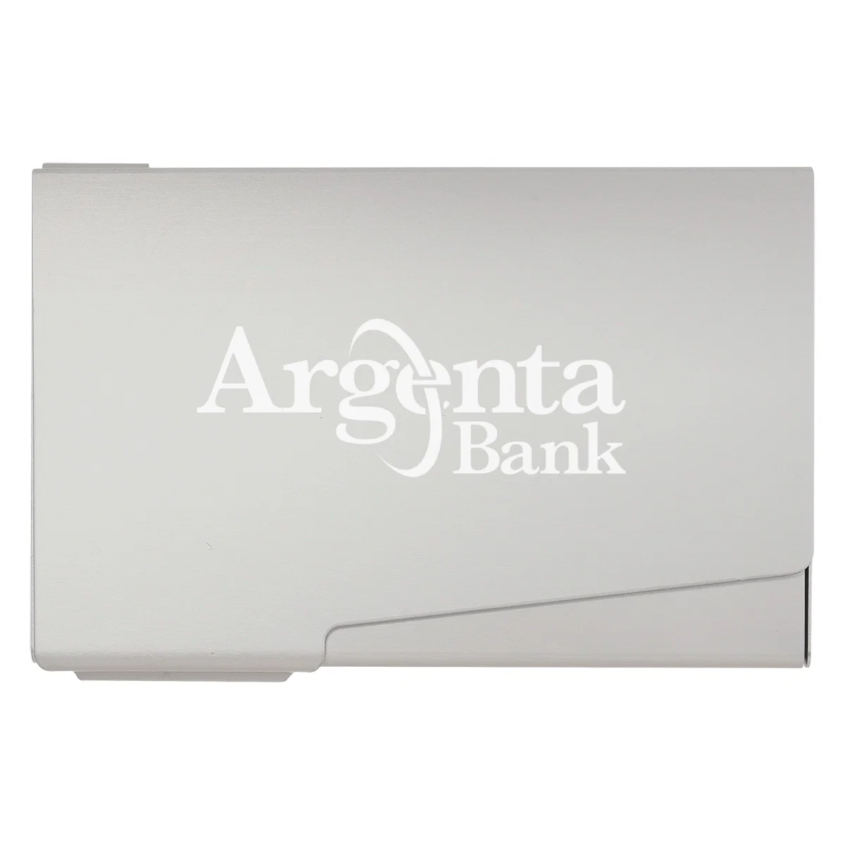 Silver aluminum case sized to hold business cards