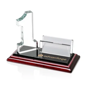 Optical Crystal Number One Business Card Holder on Rosewood Base