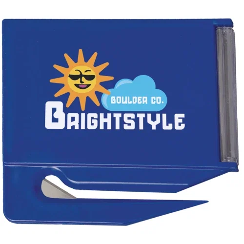 Business card letter opener with mirror and clear plastic card holder door