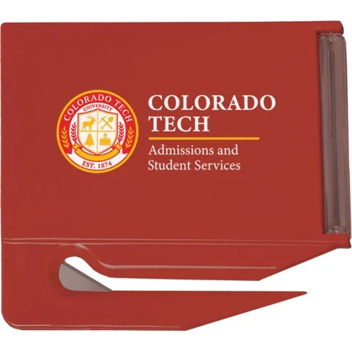 Business card letter opener holding a 3.5 x 2 inch business card in front slot