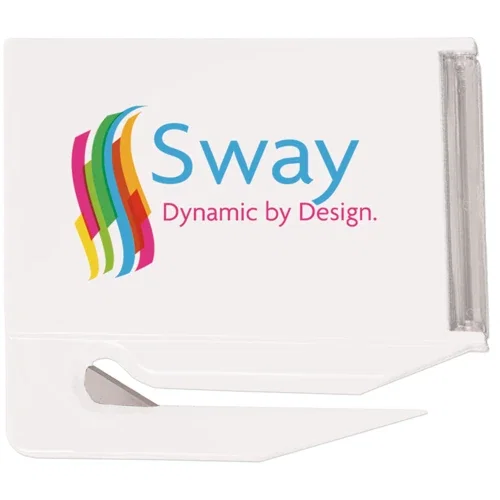 Back of business card letter opener showing mirror behind card holder