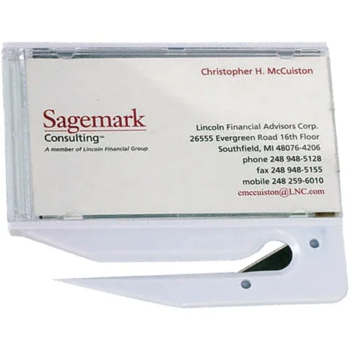 Multifunctional business card letter opener angled side view