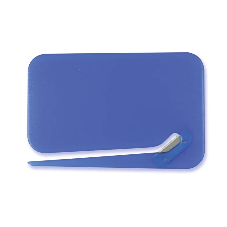 Business-Card Stainless-Blade Letter Opener. Business-card-size stainless-steel letter opener for financial firm giveaways, v