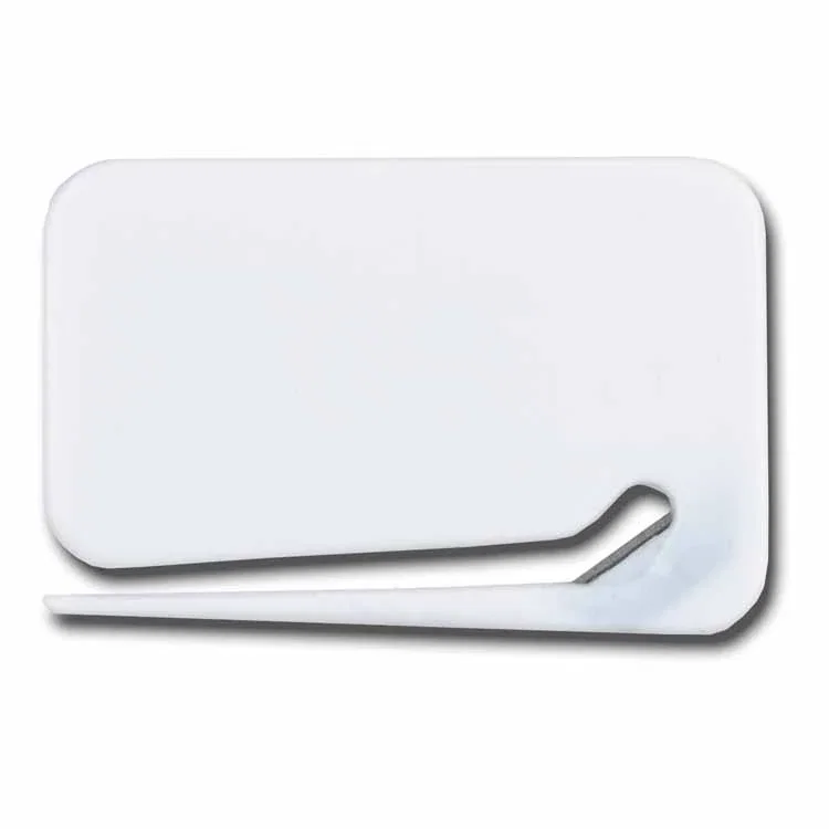 Business-Card Stainless-Blade Letter Opener. Business-card-size stainless-steel letter opener for financial firm giveaways, v