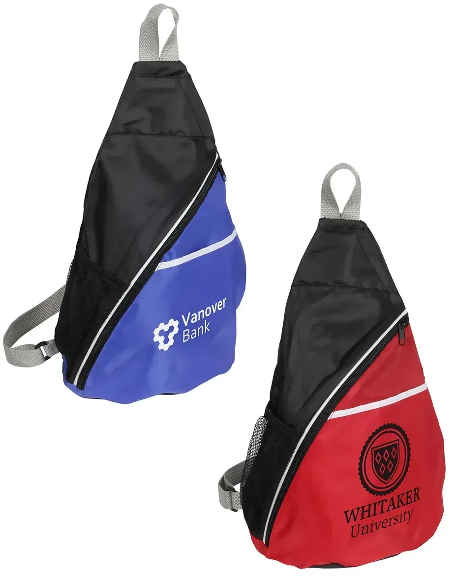 Busy Day Sling Backpack front view, custom 210D polyester promotional sling bag with logo