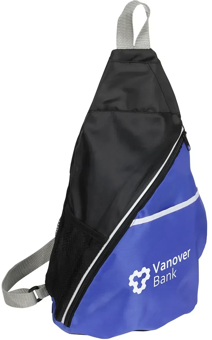 Busy Day Sling Backpack side profile showing single strap, branded custom polyester sling bag