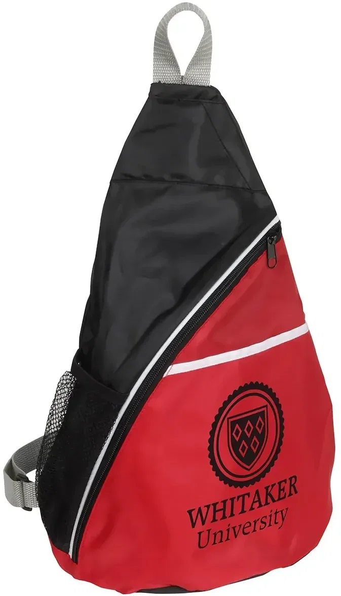 Busy Day Sling Backpack back view, promotional custom 210D sling backpack with logo imprint
