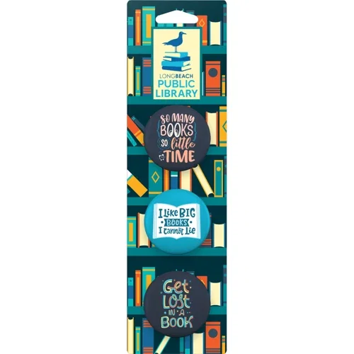 Button Collage Card Bookmark 3-Pack with three round full-color buttons, front view