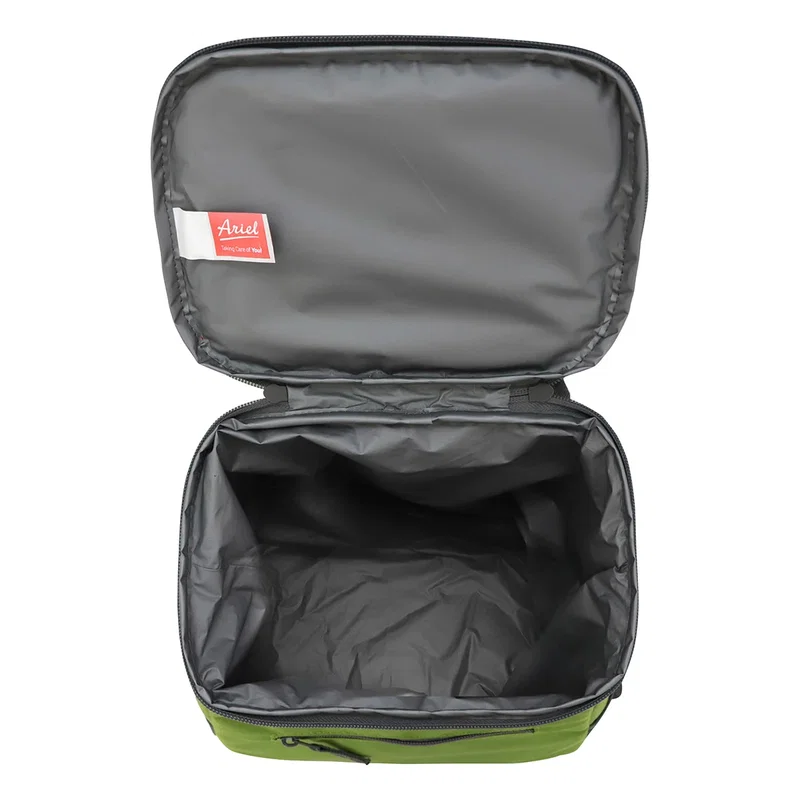 Cabana Cooler Backpack packed with canned drinks and ice, in-use shot