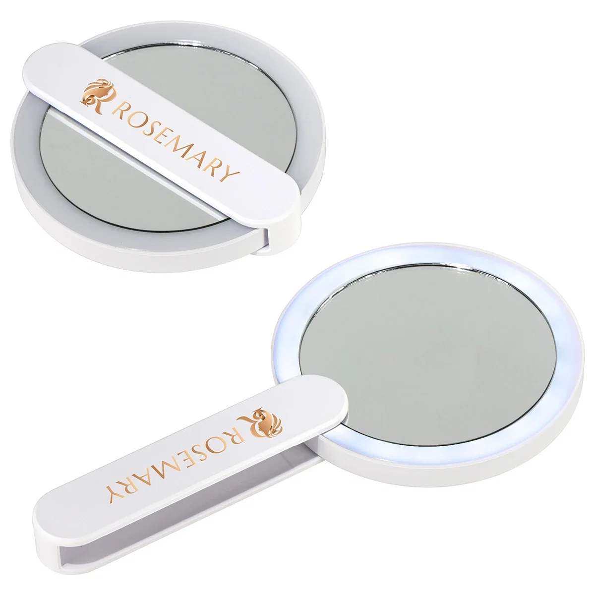 Custom Cabaret LED Mirror, front view of the branded mirror with swivel handle