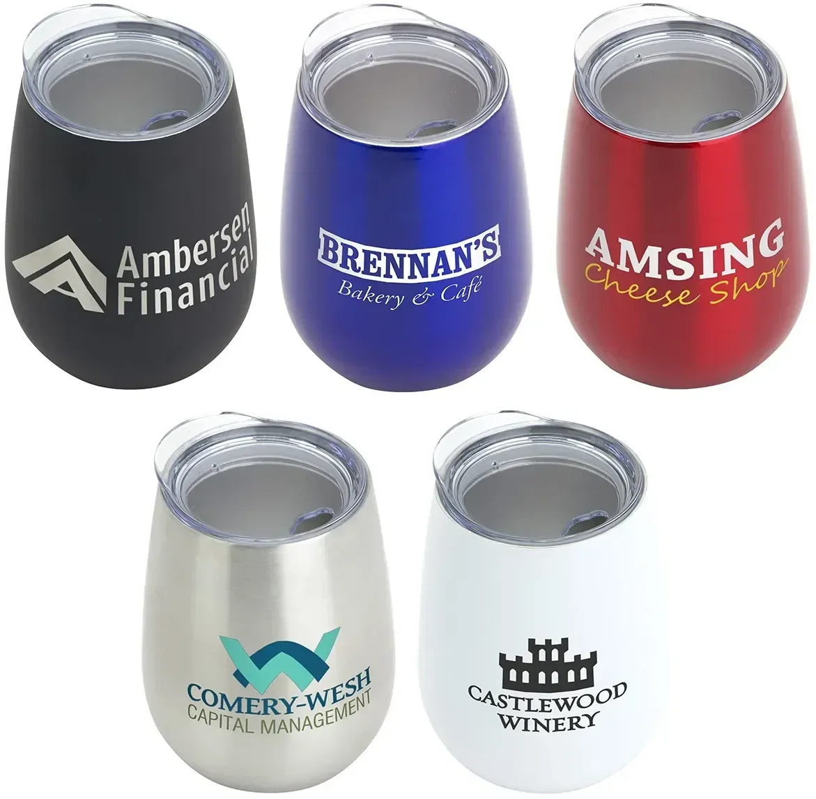 Cabernet 10 oz vacuum insulated wine goblet with custom logo, front view of branded stemless tumbler