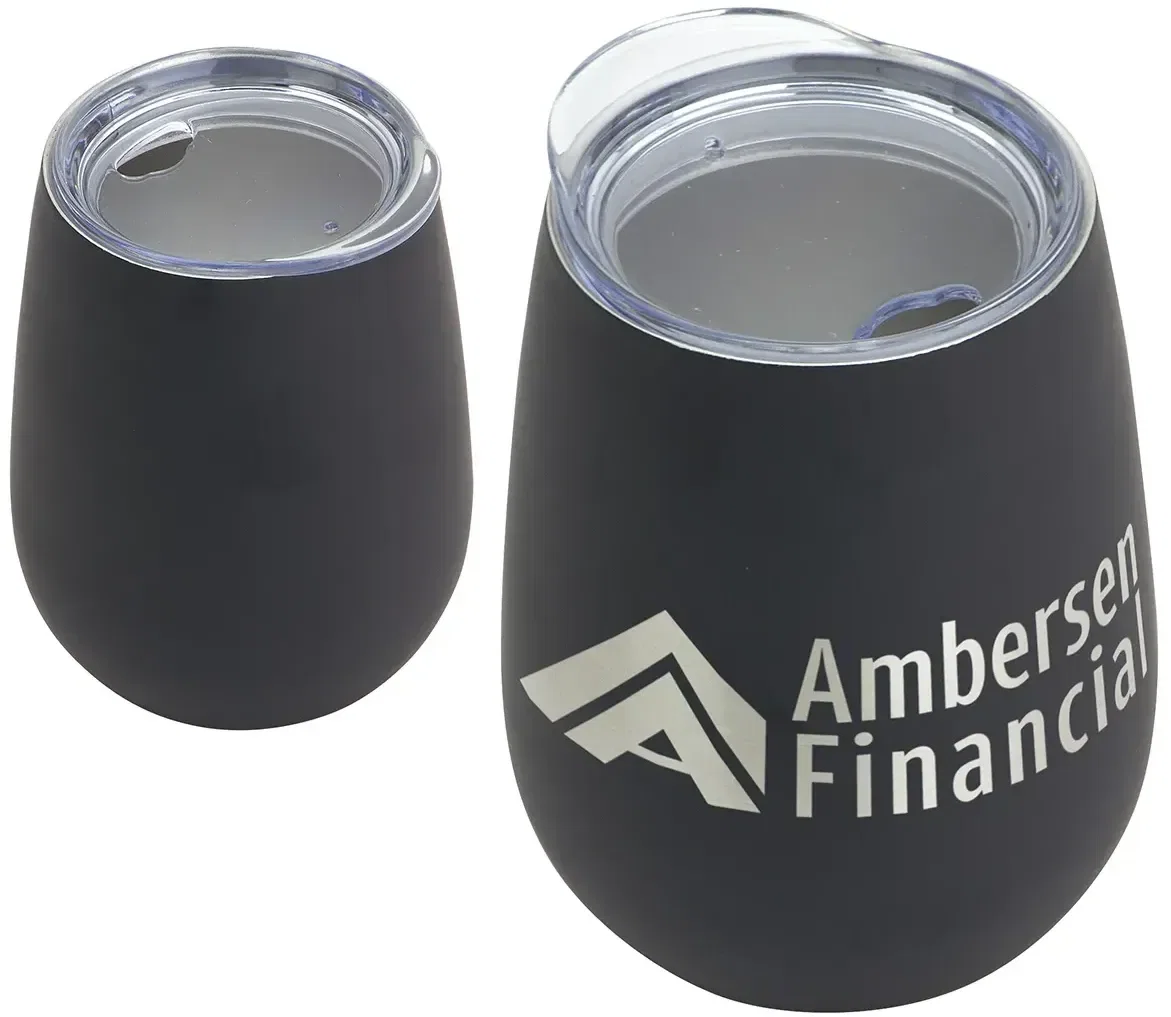 Angled view of the branded Cabernet 10 oz vacuum insulated wine goblet