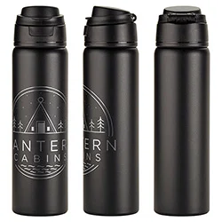 Cabrio vacuum insulated bottle held in hand, custom branded promotional recycled steel bottle