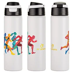 Cabrio vacuum insulated bottle with lid open, custom branded promotional recycled steel bottle