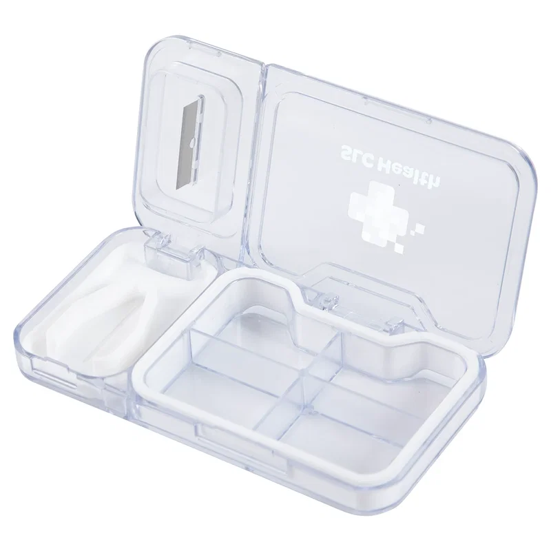 Custom branded Cache pill box, built-in tablet cutter blade detail