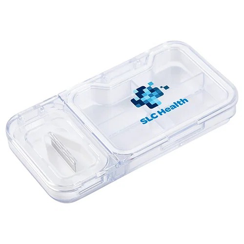 Cache pill box with tablet cutter and custom logo, front view