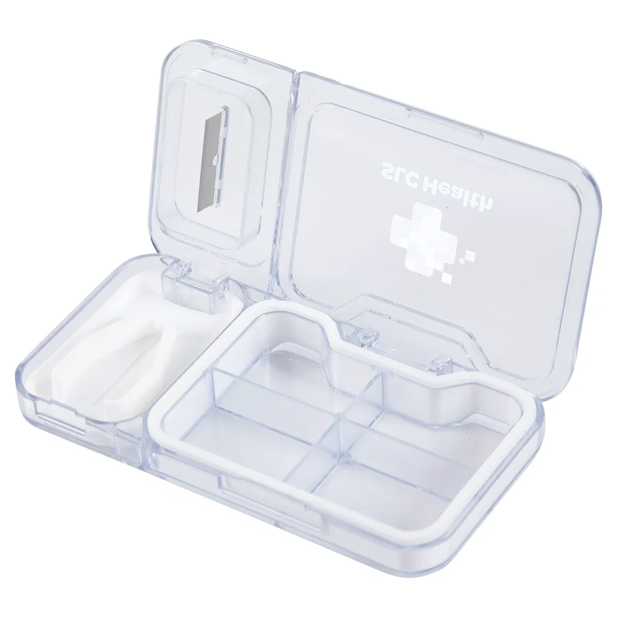 Custom branded Cache pill box, built-in tablet cutter blade detail