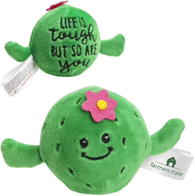 Custom Stress Busters Plush Cactus Stress Reliever, branded plush gel-bead squeeze toy, front view