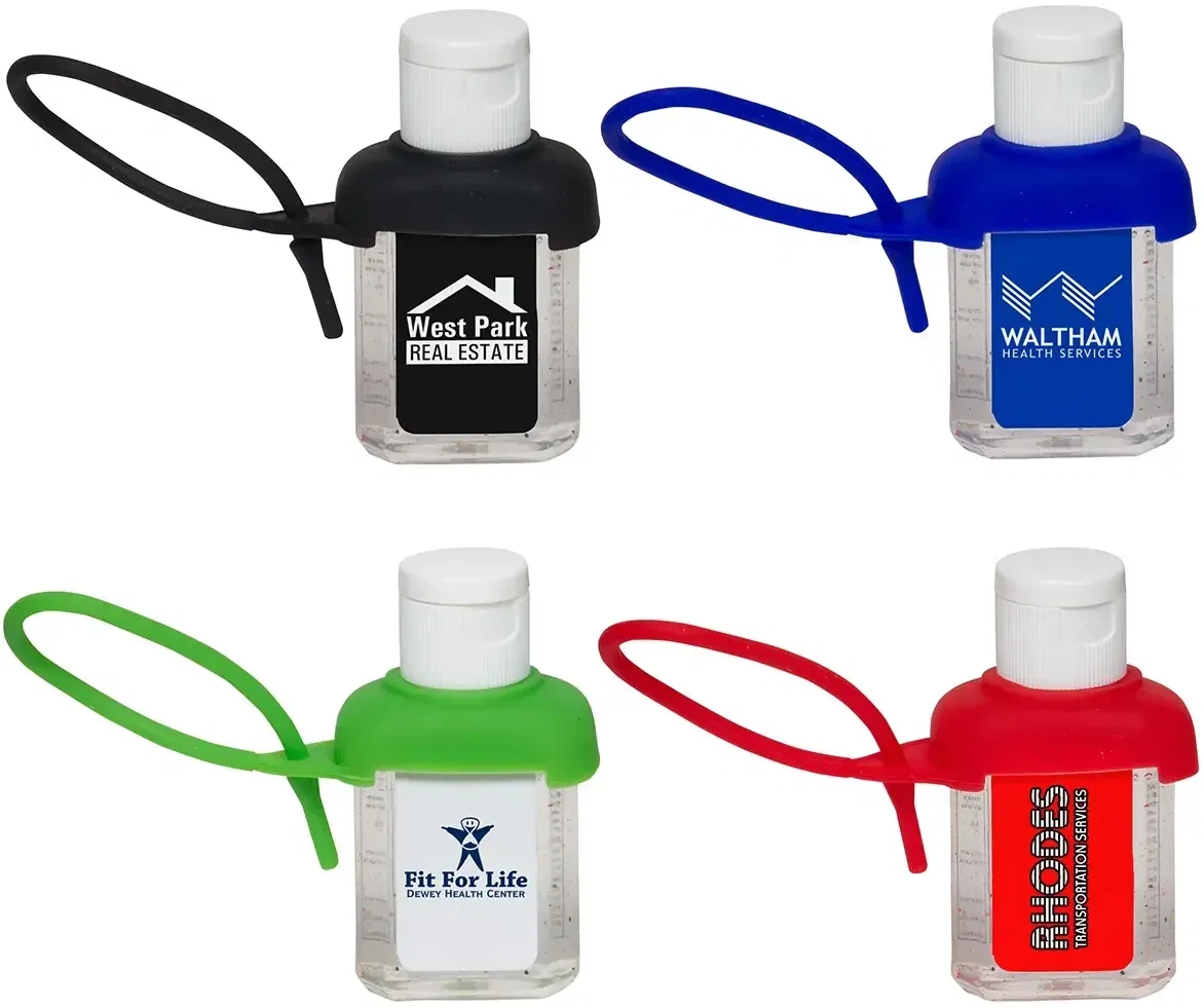 Branded Caddy Strap gel hand sanitizer, full-color logo label hero shot