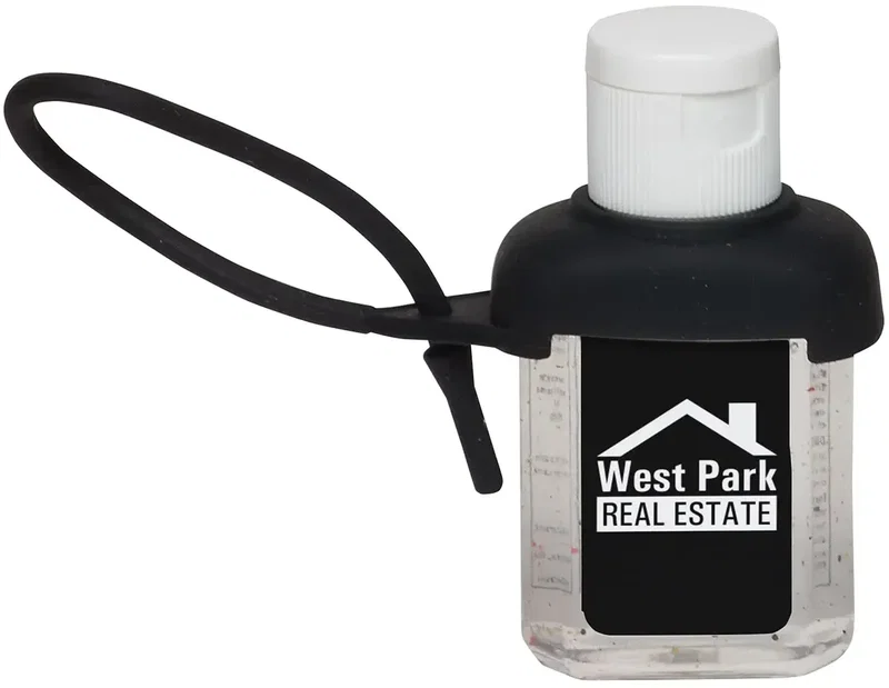 Branded Caddy Strap gel hand sanitizer, close-up of the silicone strap