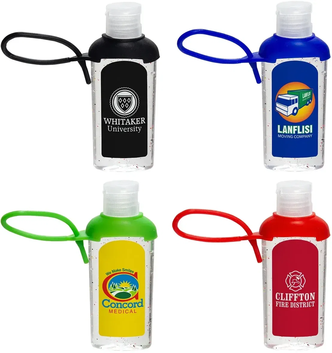 Custom Caddy Strap gel hand sanitizer with silicone carry strap, front view