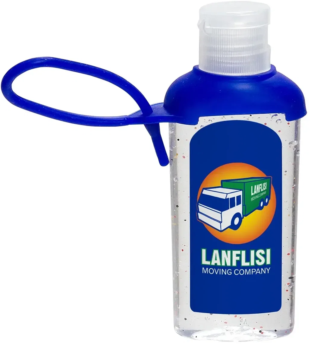 Promotional Caddy Strap gel hand sanitizer, side view of silicone strap