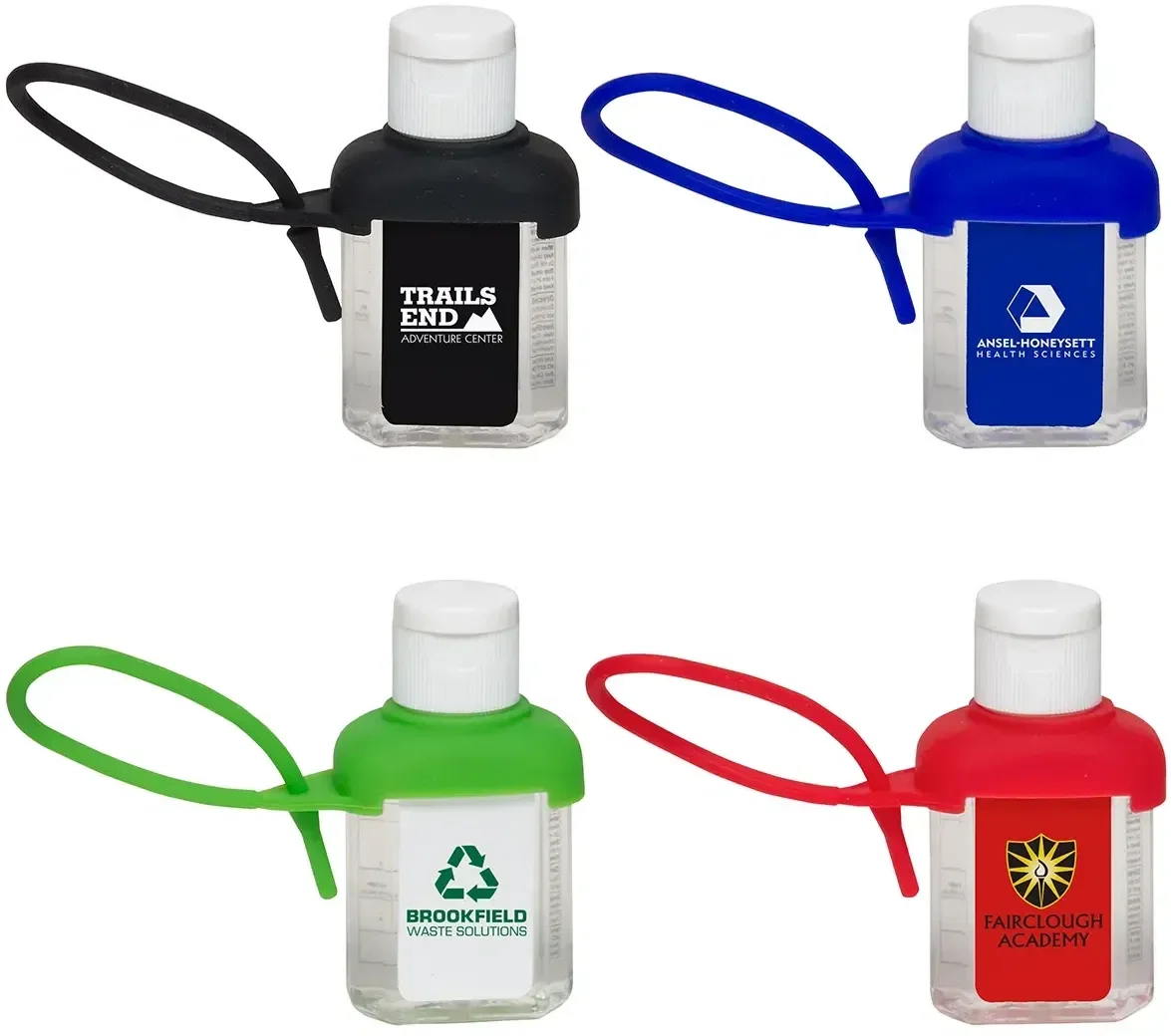 Caddy Strap custom alcohol-free hand sanitizer, branded 1 oz bottle with strap, front view