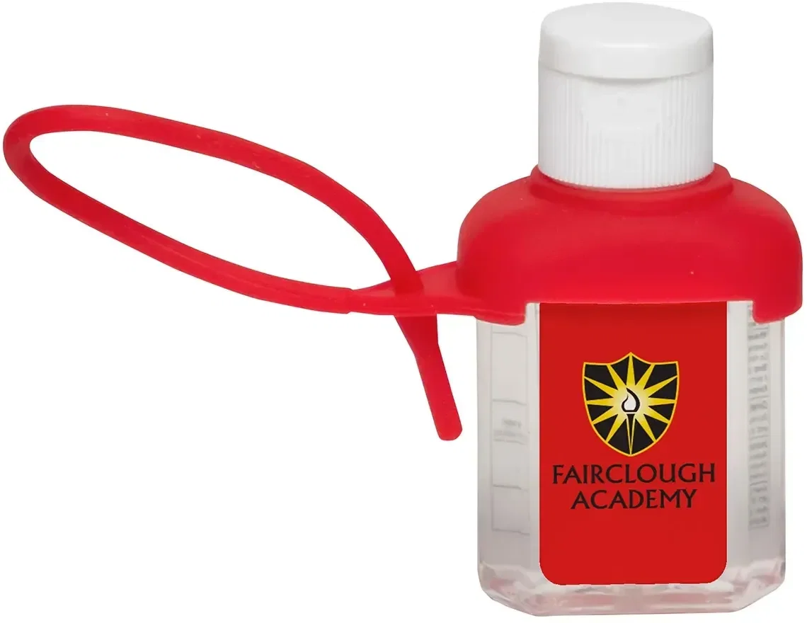 Custom Caddy Strap sanitizer strapped to a bag, branded promotional alcohol-free bottle angled view