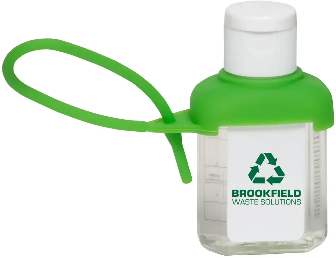 Branded Caddy Strap hand sanitizer close-up of the strap and imprint area, custom promotional bottle