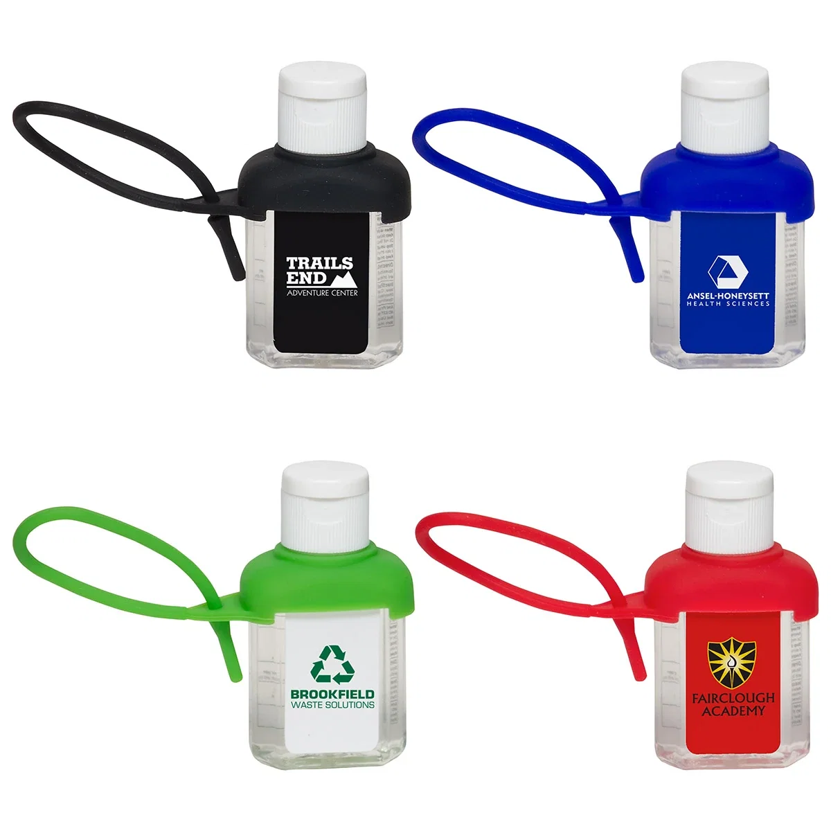 Promotional Caddy Strap alcohol-free sanitizer clipped to a stroller, custom branded bottle lifestyle shot