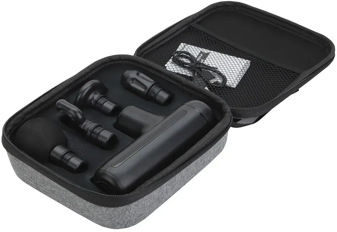 Branded Cadence massage gun in its case, promotional wellness giveaway shot