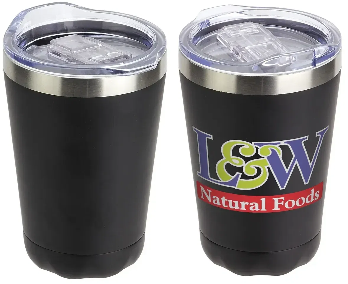 Branded Cadet stainless steel tumbler side profile, promotional 9 oz drinkware