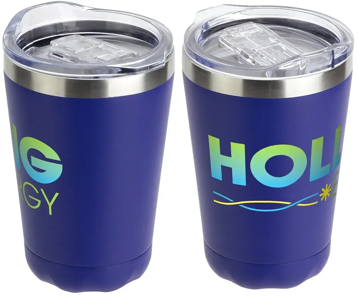 Promotional Cadet 9 oz tumbler shown fitting a coffee maker, branded drinkware