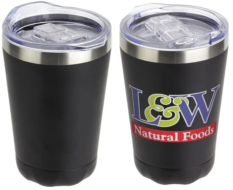 Branded Cadet stainless steel tumbler side profile, promotional 9 oz drinkware