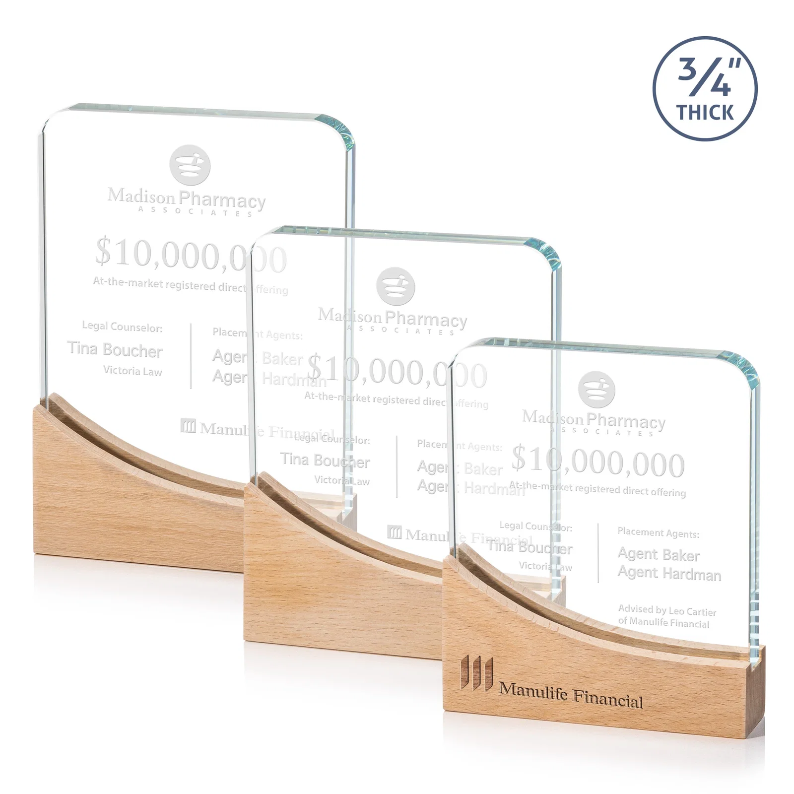 Custom Starfire Crystal Award With Curved Corners on Sloped Beechwood Base for employee recognition