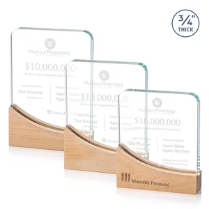 Starfire Crystal Award With Curved Corners on Sloped Beechwood Base