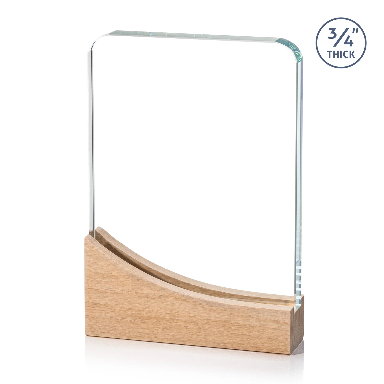 Personalized Starfire Crystal Award With Curved Corners on Sloped Beechwood Base for employee recognition
