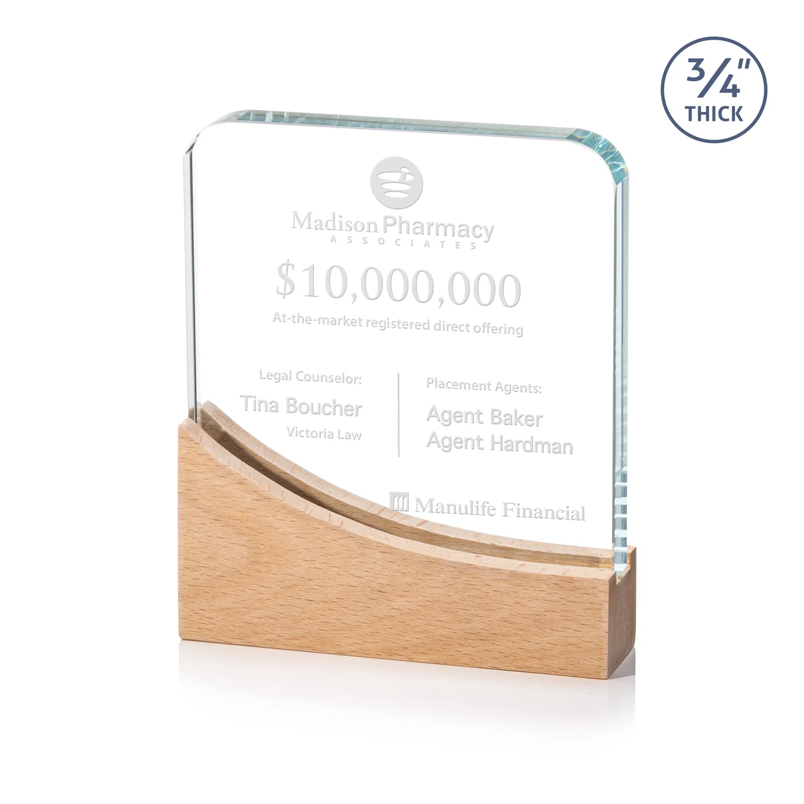 Custom Starfire Crystal Award With Curved Corners on Sloped Beechwood Base for corporate award ceremonies