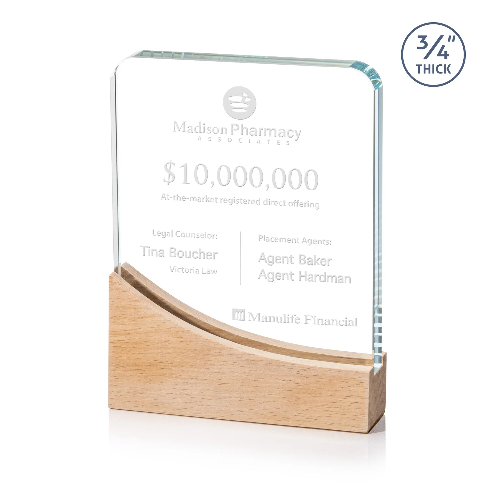 Custom Starfire Crystal Award With Curved Corners on Sloped Beechwood Base for service anniversary gifts