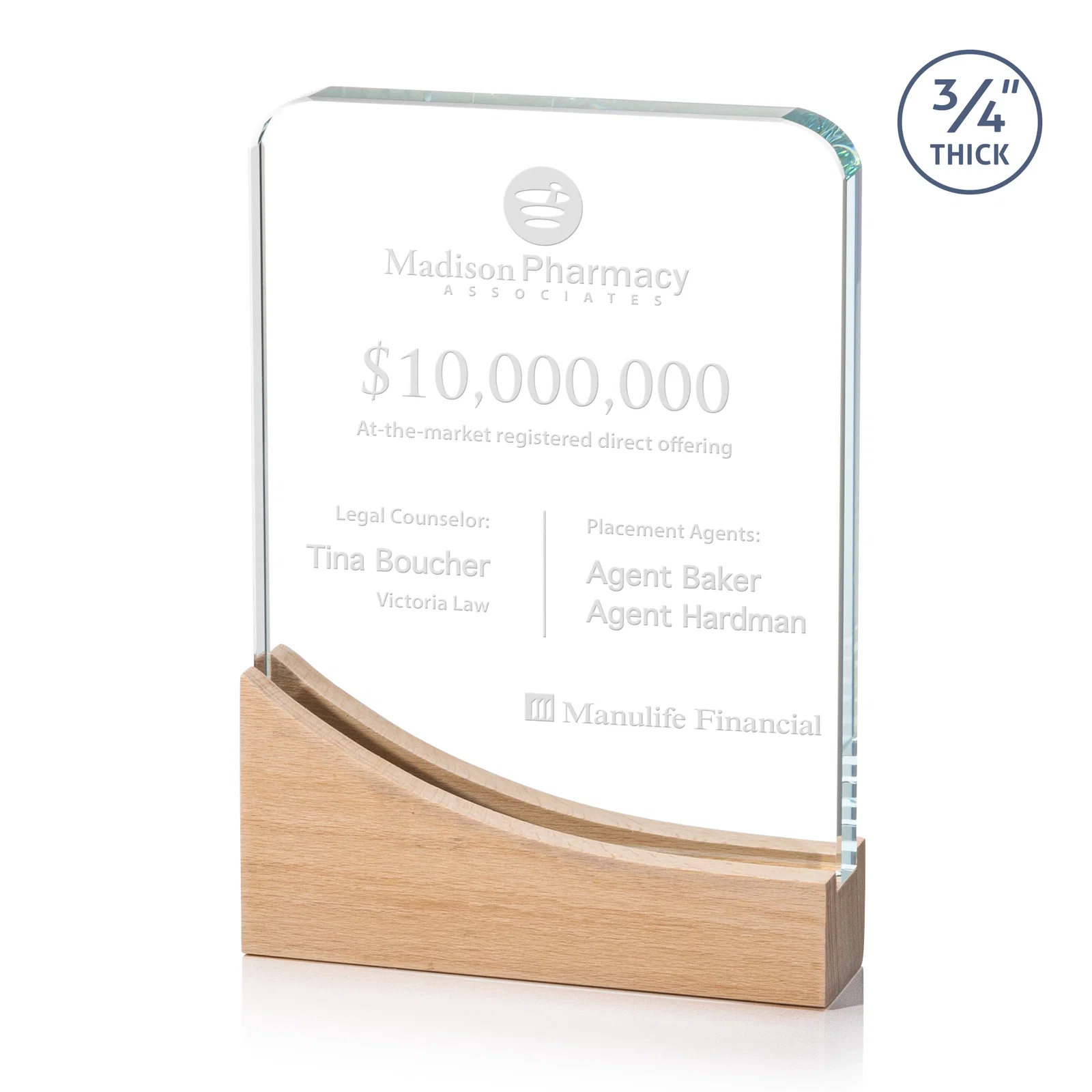 Custom Starfire Crystal Award With Curved Corners on Sloped Beechwood Base for sales achievement awards