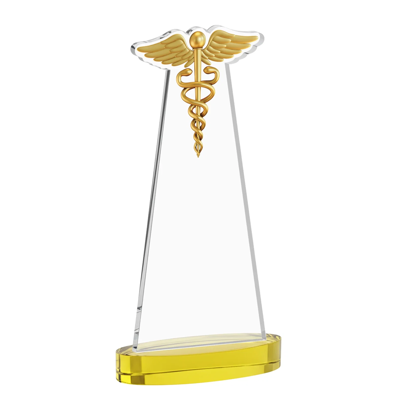 Custom engraved Starfire Crystal Caduceus Award with Sleek Tapered Design for dealer and partner awards