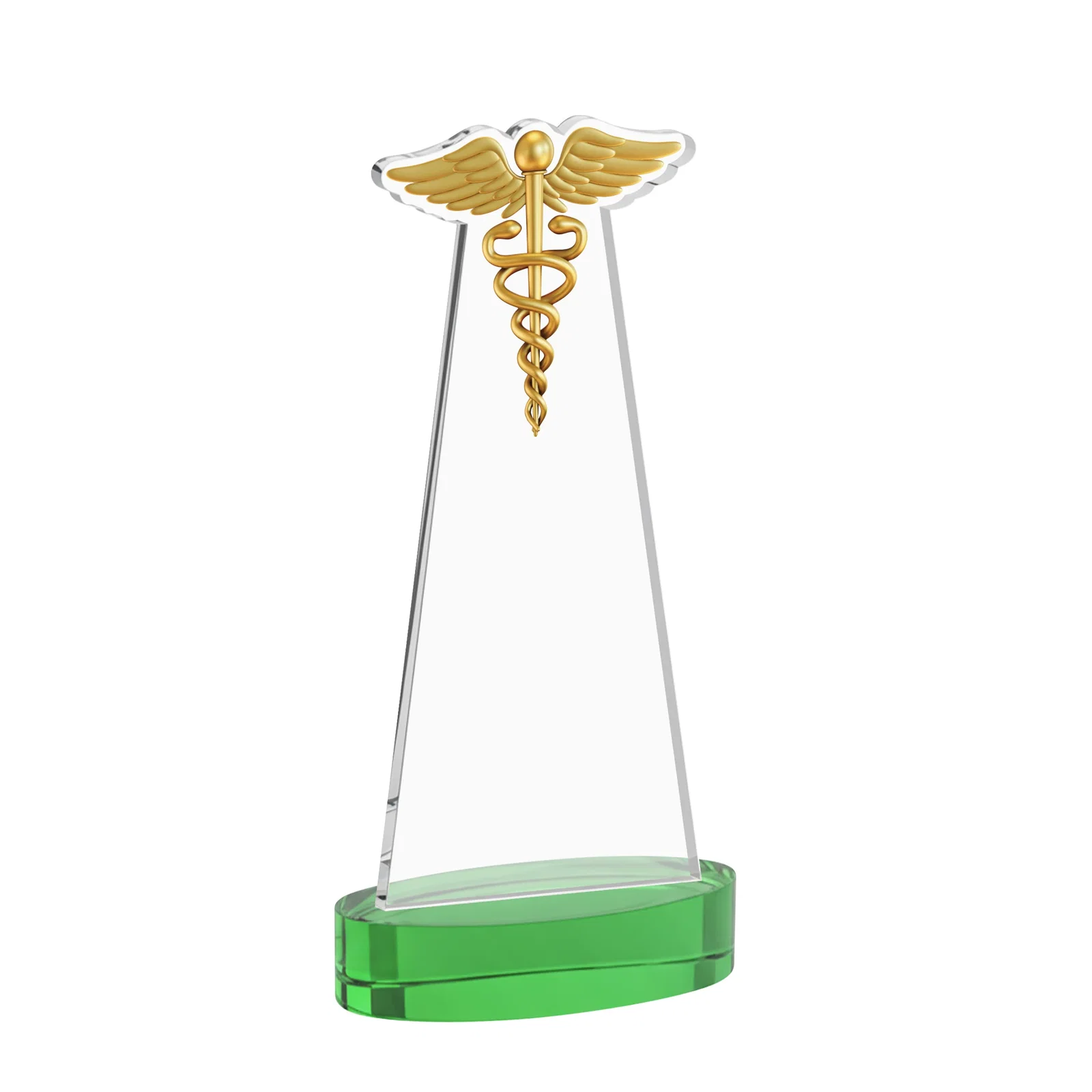 Custom engraved Starfire Crystal Caduceus Award with Sleek Tapered Design for company anniversary events